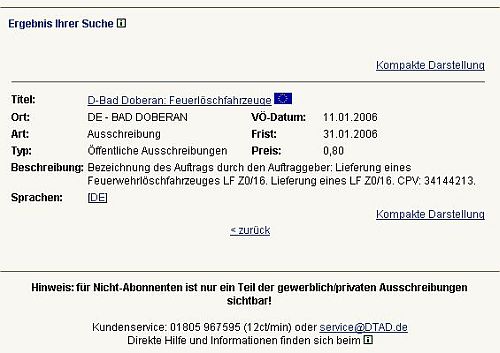Ausschreibungsanzeige unter www.dtad.de, leider mit Tippfehler (2 statt Z) - Beschaffung geht in nchste Phase